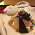銀座 しのはら - キャビア、土佐酢ジュレ、ボタンエビ、赤座海老とその卵、卵豆腐