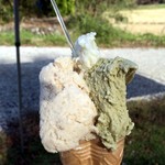 左が栗ミルクで右がピスタチオ、てっぺんがおまけの金時いもはちみつ