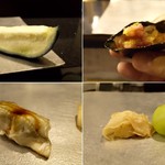 鮨知春 - 水茄子、とろたく、穴子、水菓子（マスカット）