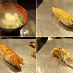 鮨知春 - 蛤のお吸い物、しらさ海老、足赤海老、団扇海老