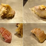 鮨知春 - 煮蛤、かわはぎ、大とろ、ひっさげとろ炙り