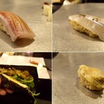 鰤、さより、炙り鰯手巻き、つぶ貝