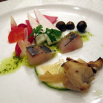 コルザ - 関鯵のマリネ　バジルソース　岩手産焼松茸添え