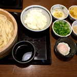 丸亀製麺 - 釜揚げ(大)・白ご飯・温玉・明太子に薬味(2016.10現在)