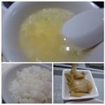 花筏 - ◆共通
上：スープ・・優しい味わい。
左下：ご飯。量は少なめで、普通。
右下：ザーサイ。これ美味しい