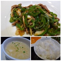 博多華都飯店 - ◆「牛肉とピーマン炒め」・・オイスターソースの旨みを感じる好みのテイスト。◆たまごスープは薄味。
                ◆ご飯は普通。お代わり可能。