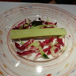 レストラン コバヤシ - 北海道産さんまのマリネ　アボガドとリンゴのパートのせ　イチジクと肝のピュレ　サラダ添え