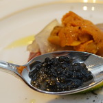 肉屋 雪月花 NAGOYA - 近江牛さがり昆布〆めフグのユッケ、ウニとベルーガキャビア