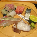 かま田 - ⑦向付　中トロ、縞鯵、〆鯖、煽烏賊、蛸