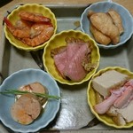 Kunii - おばんざい５種(エビ旨煮、白身魚南蛮漬け、合鴨ロース煮、自家製あん肝旨煮、永平寺あげ生姜煮)