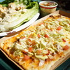 Pizzafari - 料理写真:Cheeseburger Flatbread ($11.49)、Heart of Romaine Salad with Chicken ($9.99)
