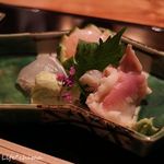 分とく山 - 【造り】鰈、北寄貝、ぼたん海老、ゆば、海苔蒟蒻　16.10月