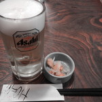 Tonkatsu Warashikko - 生ビール中ジョッキ＆その日のお通し