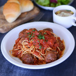 Beef meatball tomato sauce spaghetti with soup