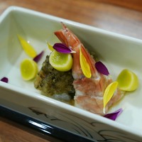 佳肴岡もと - 向付：赤足海老、とんぶり、新銀杏