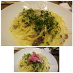 itariankicchimbansan - パスタ自体はクリームベースと言ってもクリーム風味も軽くかなり薄味で、「しめじ」や「スプラウト」入り。これに客が希望するだけの「生ハム」が乗せられます。