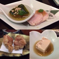 名古屋コーチン・旬菜 一鳳 金山本店 - 自家製胸肉ロール
                季節の煮物(この日は南瓜でした)
                季節の小鉢(蓮根入りの寄せ豆腐のようなもの、もちっとした食感です)
                唐揚げは弾力がありました。
                出来れば熱々を頂きたかったかも…。
