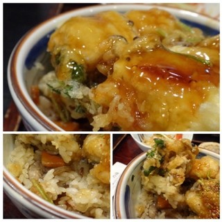 手打そば 一の梅 - ◆穴子天丼は小さ目の丼ですが、ご飯を少なくしていただきました。
野菜のかき揚げの上に「穴子」をのせて揚げた天ぷらに、甘いタレがかけられています。
