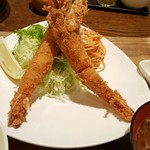 ももやま - 2016・10再・足赤エビフライ定食1500円（ピクルス・豚スープ・ご飯）タルタルソース