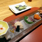 望楼NOGUCHI登別 - 噴火湾産牡丹海老　日高産ブランド秋鮭「銀聖」　噴火湾産平目　噴火湾産帆立　噴火湾産活タコ湯洗い　