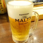 Tachinomi Soraya - もつ煮セットの一杯目(生ビール)