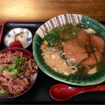 瀬戸内製麺710 - ひやあつきつね月見うどん&牛めし