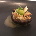 ラ クレリエール - 茄子の椎茸と牛アキレス、ツブ貝、大麦をブールカフェドパリのソースで