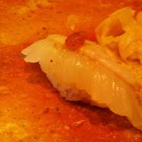 銀座 鮨 かねさか 本店 - ひらめ青森産エンガワにぎり、ポン酢と紅葉おろしで。