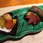 本城 - 秋茄子と鰤照焼き、2色葱タレ　里芋、銀杏、サツマイモ