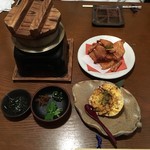 田楽 - 牡蠣の釜飯とホタテのグラタン、鶏皮の唐揚げ
