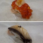 鮨匠 のむら - ◆筋子・・サッと熱湯にくぐらせただけだそうですが、臭みもなく旨みだけを感じます。
            ◆鮑・・6時間かけて仕上げた品。柔らかい・・