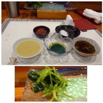 鮨匠 のむら - ◆席には「酢味噌」「こだわりのお醤油」「梅干し」「塩」「ポン酢」などが用意されていました。
      ◆ワカメ、酢味噌で頂くと美味しいのですが、後を考えると食べ過ぎ注意だそう。