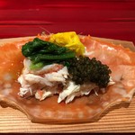 銀座 しのはら - 先付けは蟹　ずわい、毛ガニ、渡りの三種盛り
