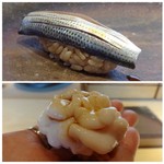 菊鮨 - ◆上：天草のコハダ。軽い〆具合に感じましたが、十分美味しい。
      ◆下：タチ（鱈の白子）・・タチが美味しい季節になりました。これも昆布出汁で漬けこまれ、低温調理された品。
