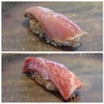 菊鮨 - ◆上：歯鰹。よくいただく品ですけれど、ヅケにするとまた美味しいですね。
      ◆下：壱岐産・380kgの鮪。かなり大きな品ですよ。上品な脂を感じ美味しい。