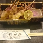 光寿庵 - お通し：揚げ蕎麦と銀杏の天ぷら