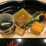 青華こばやし - 28年11月　前菜　茄子、烏賊塩辛、鮟肝・生海苔、玉子フライ、穴子揚げ巻き