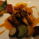 ロゼット - 肉料理： 茨城県塚原牧場メイシャン豚ロースのポワレ　ガーリック風味の茸ソテー