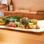 銀座 しのはら - 八寸：、庄内麩、クリームチーズはさみ、かつお、たこ、イクラ御飯