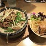 麺や和 - スタミナもつ煮込みラーメン+国産豚の焼肉丼(ハーフサイズ)【料理】