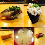 大和寿司 - 左上サンマ、右上白子、左下から右へ玉子焼、あら汁、海老頭