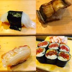 大和寿司 - 左上イカ、右上アナゴ、左下カンパチ、右下イクラと赤身の巻物