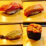 大和寿司 - 左上大トロ、右上中トロ、左下車海老、右下ウニ