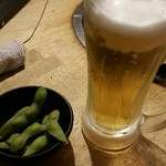 やきにく番長 - 半額の生ビールとお通しの枝豆