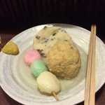 おかめ - 三色団子、がんも、きくらげ天