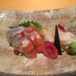 なにわ料理 有 - 車海老、本つぶ貝の刺身（2016，10）