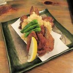 旬酒和食 芳べえ - 手羽先、太刀魚の唐揚げと海老と蓮根の落とし揚げ2016.11.13。