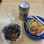 浅野商店 - 浅野商店　ビール＆ぜんまい煮＆天ぷら