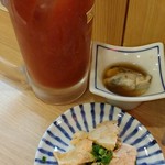 立呑み晩杯屋 - トマト割り：290円、カキ酢、あん肝