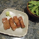 鉄板料理 風神 - 風神セットの枝豆と一口ステーキ　2016.11